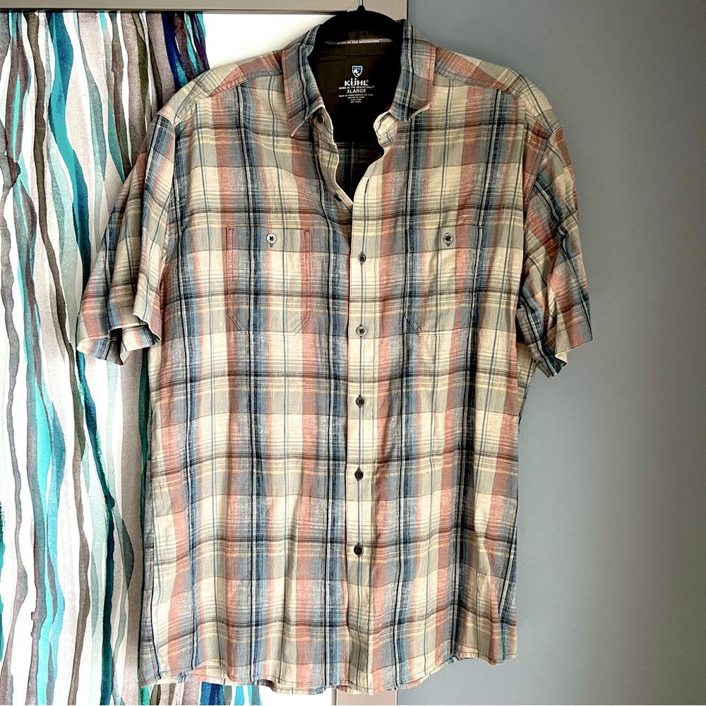 Men’s Kuhl Size XL Tapered Orange Plaid Short Sleeve Linen Shirt